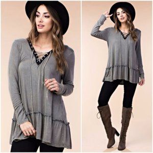 NEW Boutique Ruffle Hem Lace Up Neck Tunic Top Shirt Blouse Brown Gray Small NWT